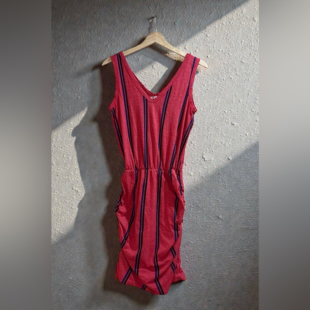 Sundry - Red and Blue Striped Mini Dress with Side Ruching - 1